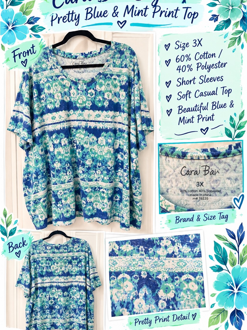 Coral Bay Blue & Mint Print Women's Short Sleeve Top 3x